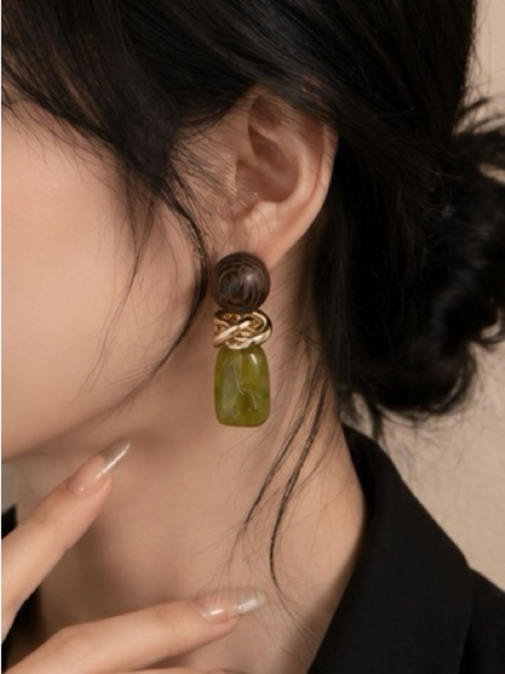 Vintage Olive Green Drop Earrings Gold Tone Statement Earrings
